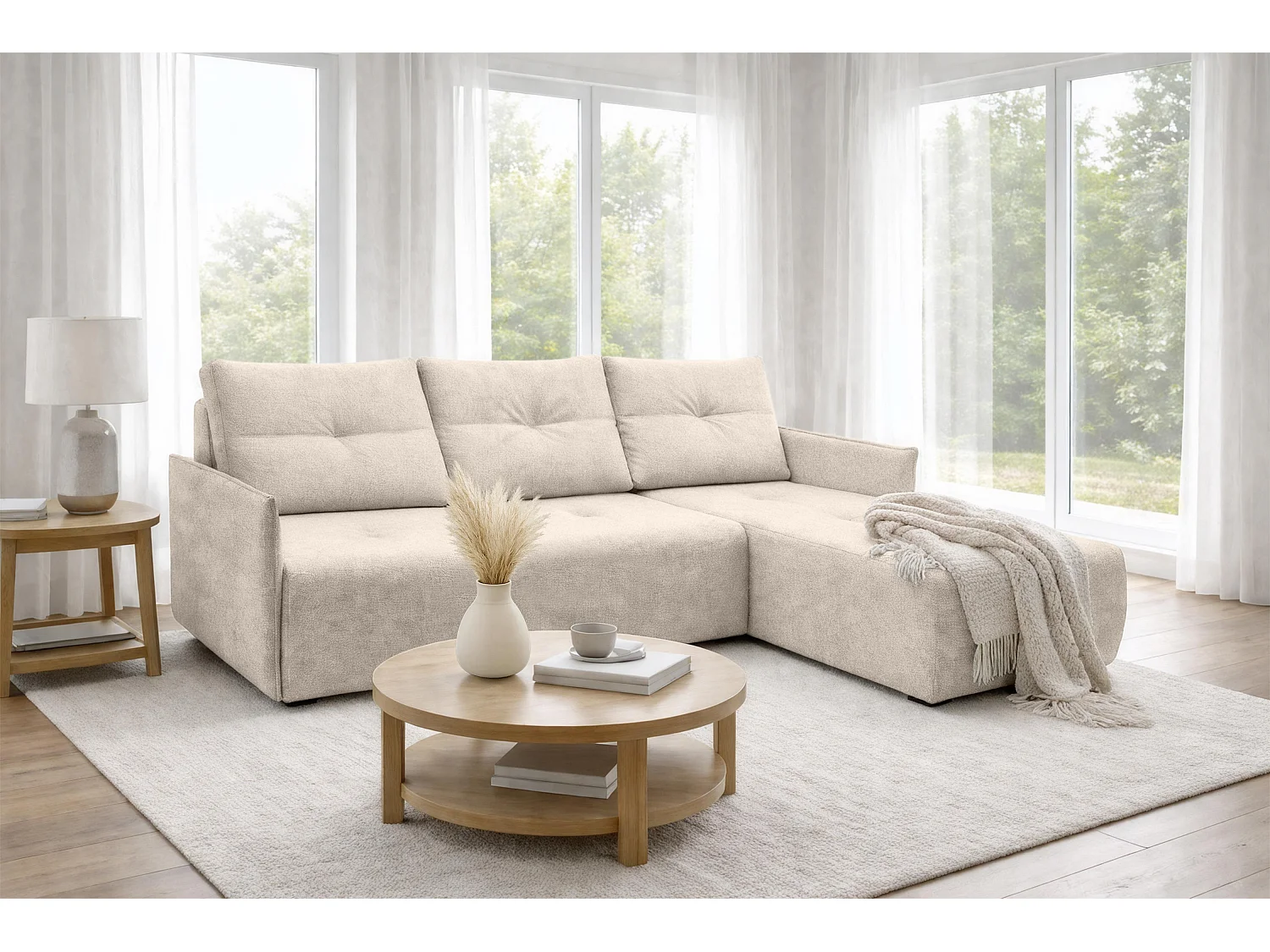 AX LIVING canapé d’angle Damascus beige avec fonction couchage coffre canapé-lit 212 cm droite