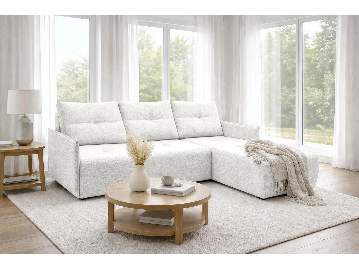 AX LIVING canapé d’angle Damascus blanc avec fonction couchage coffre canapé-lit 212 cm droite