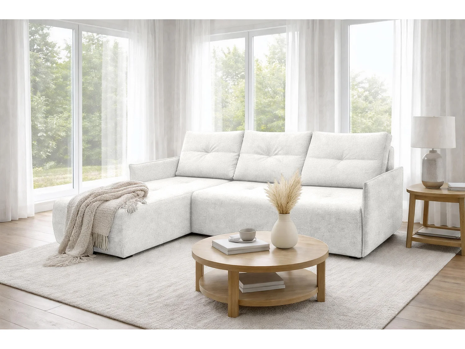 AX LIVING Ecksofa Damascus Weiß mit Schlaffunktion Bettkasten Schlafsofa 212 cm links