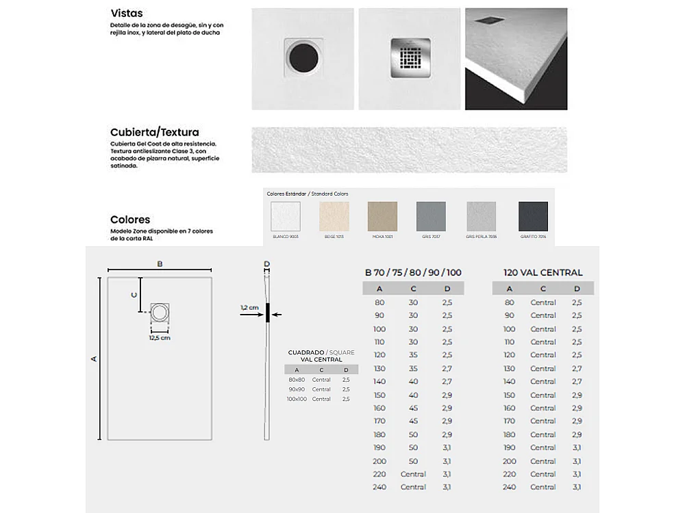 Douchebak van antislip hars | Inclusief afvoerventiel en rooster | Kleur Gris perle | 70x90cm