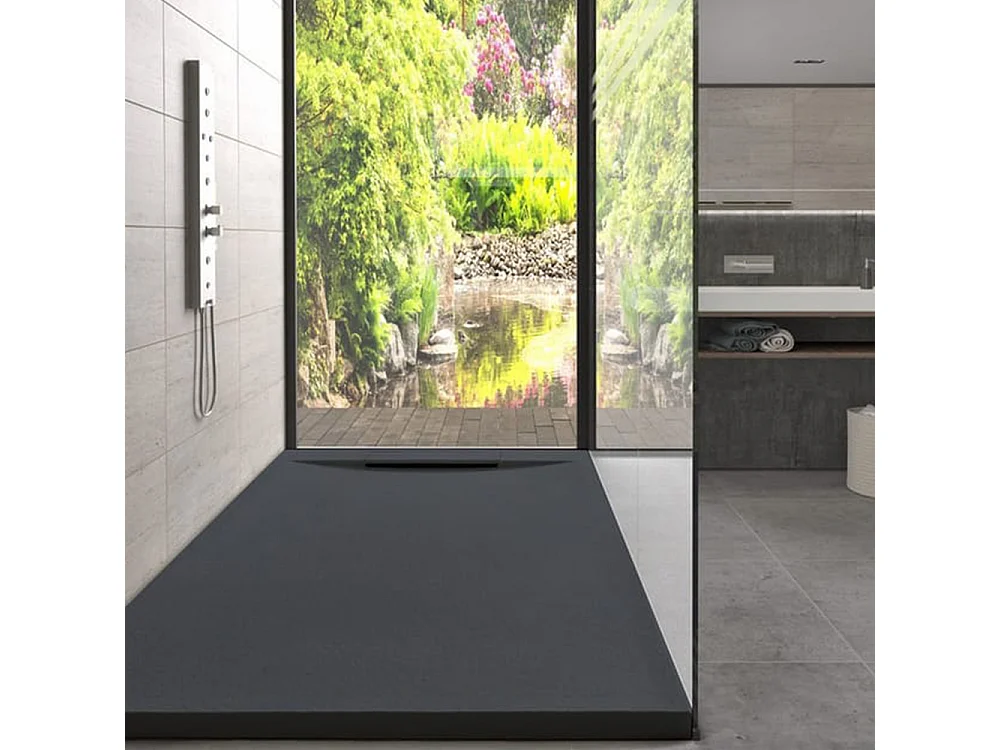Platte douchebak van hars met antislip, inclusief verborgen afvoer | Kleur Antraciet | 120x90cm