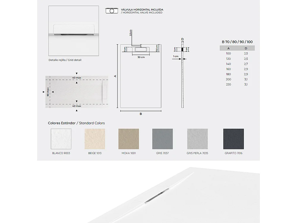 Platte douchebak van hars met antislip, inclusief verborgen afvoer | Kleur Parelgrijs | 180x100cm