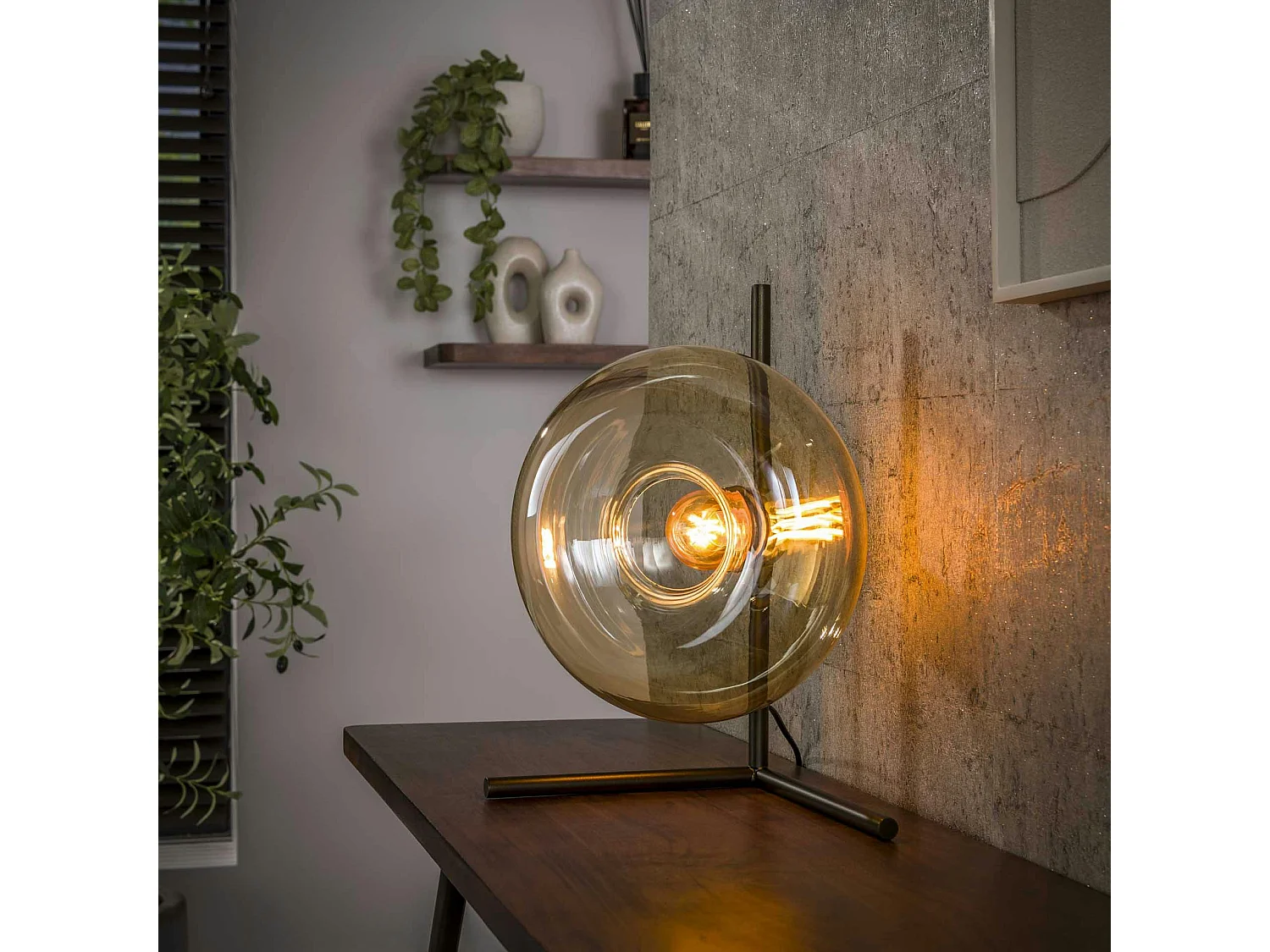 Lampe de table vintage anneau en verre ambré NIAGARA