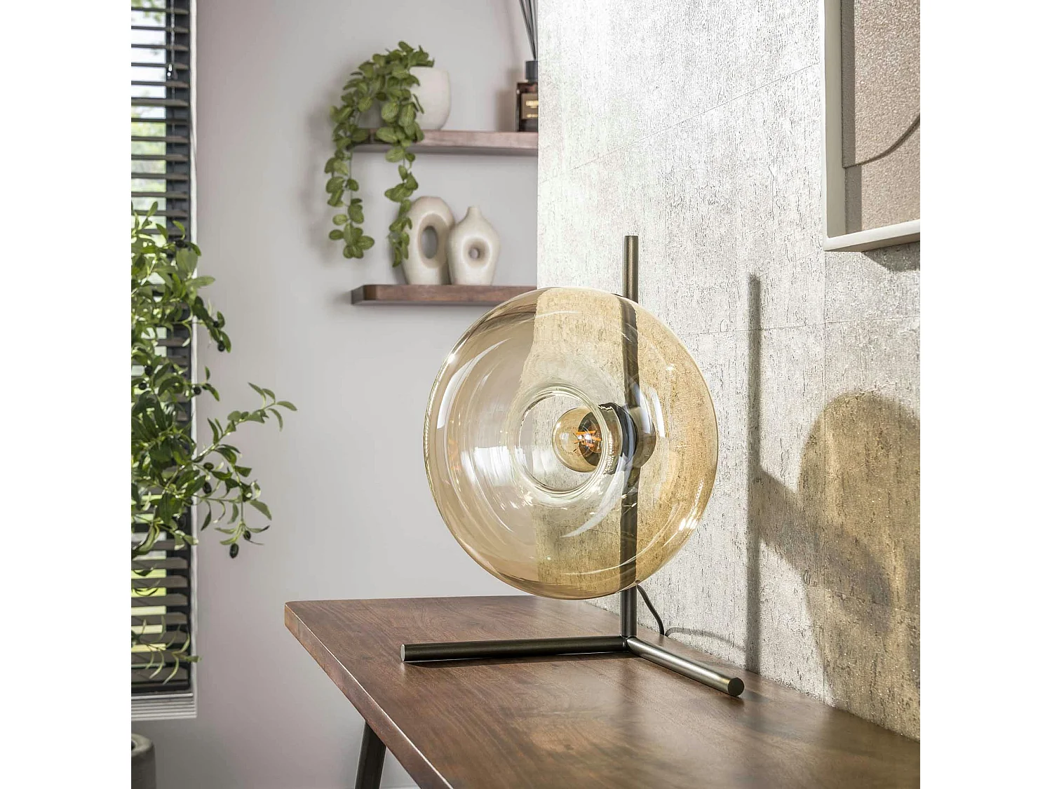 Lampe de table vintage anneau en verre ambré NIAGARA