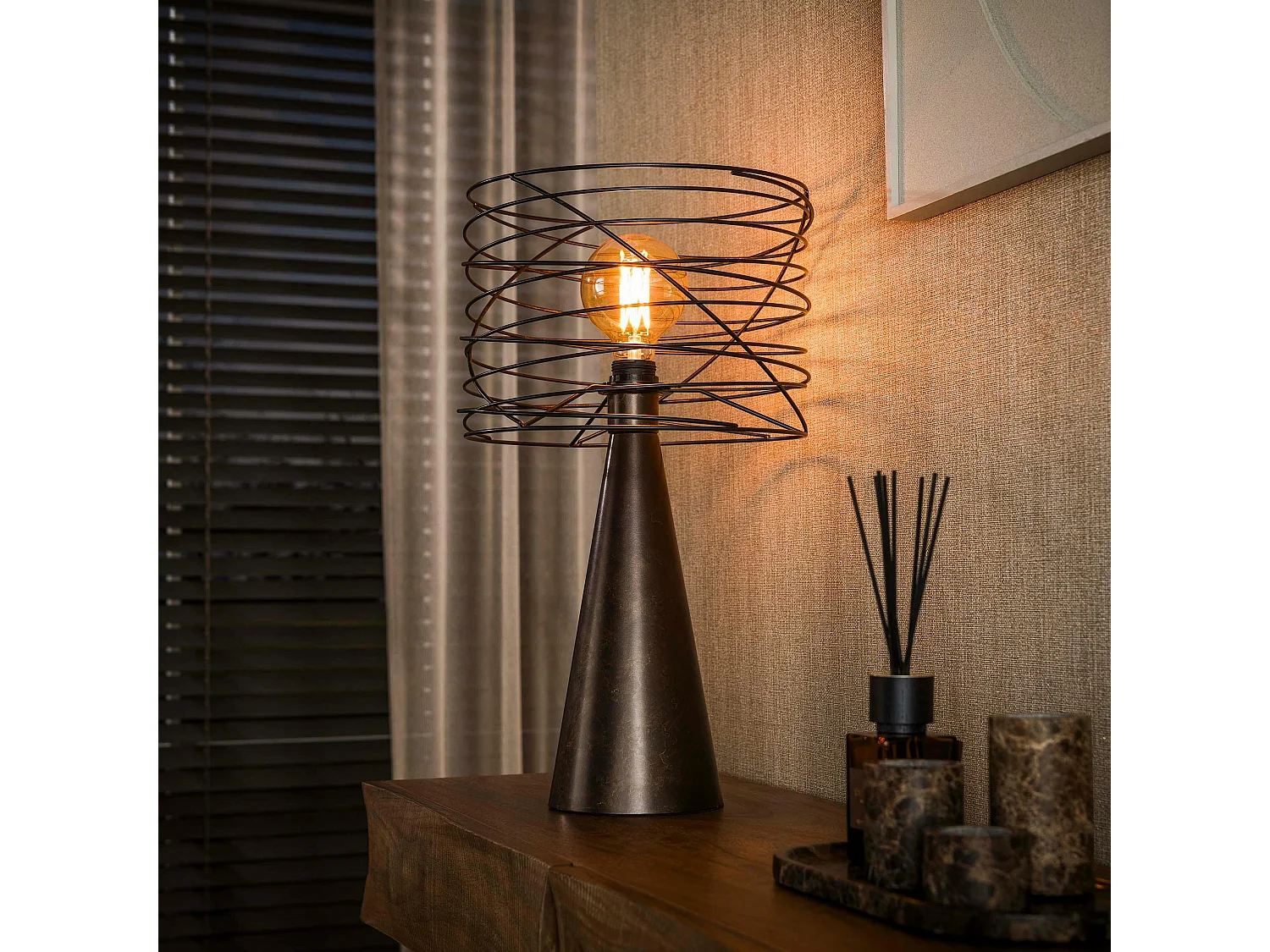 Lampe de salon métal marron pied conique RALF