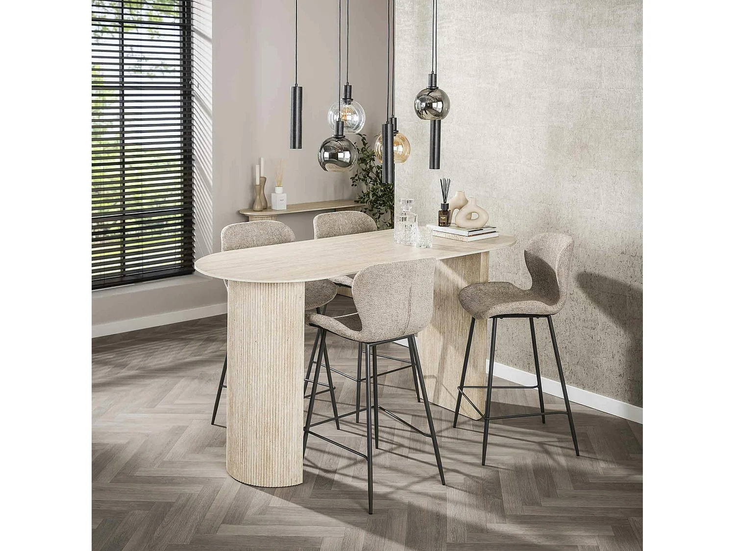 Table bar céramique effet travertin, pieds colonne 180 cm ASCOLI