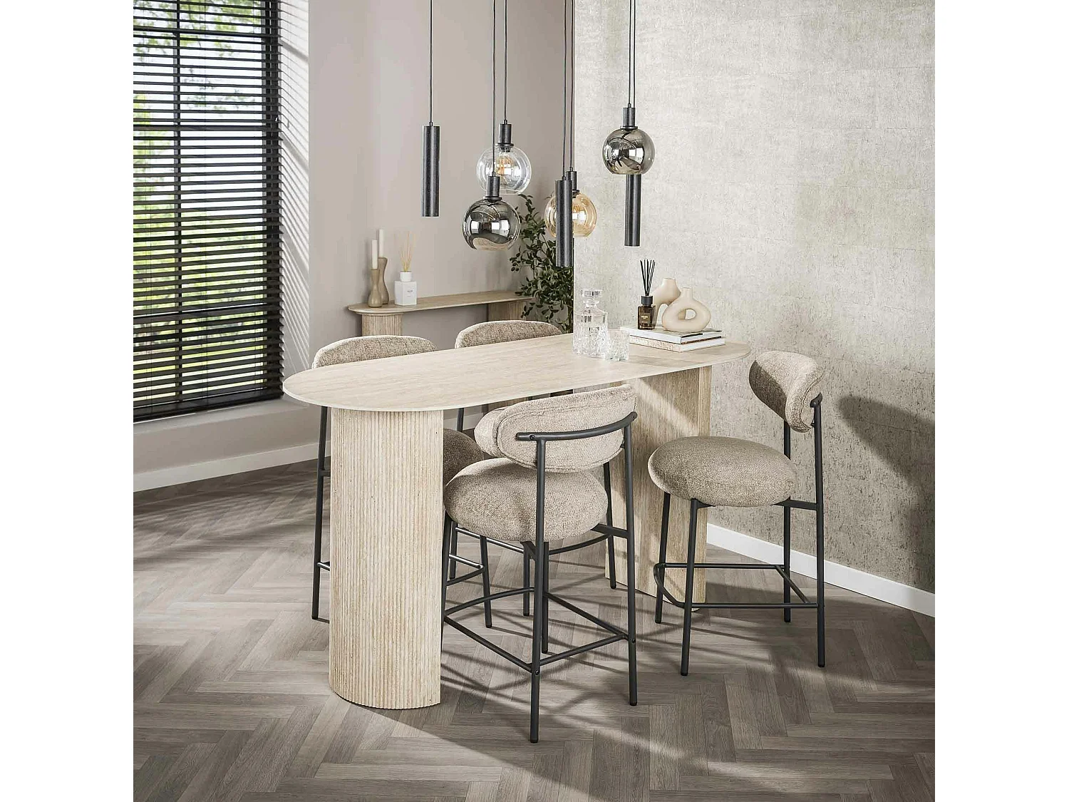 Table bar céramique effet travertin, pieds colonne 180 cm ASCOLI