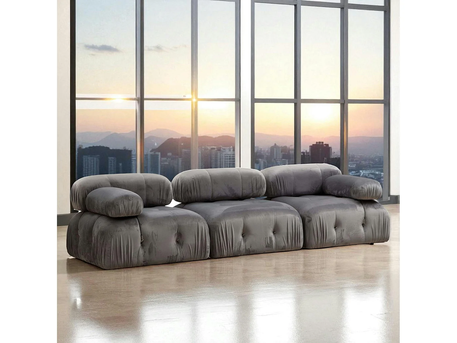 Canapé modulable 3 places, tissu gris velours RONDA