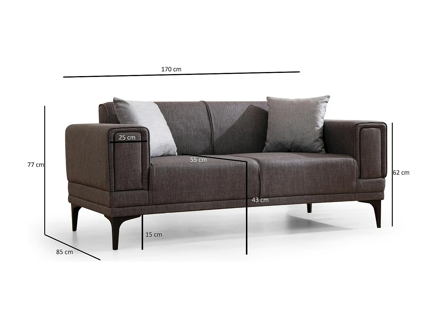 Canapé 2 places anthracite, accoudoirs matelassés 170 cm LUCCA