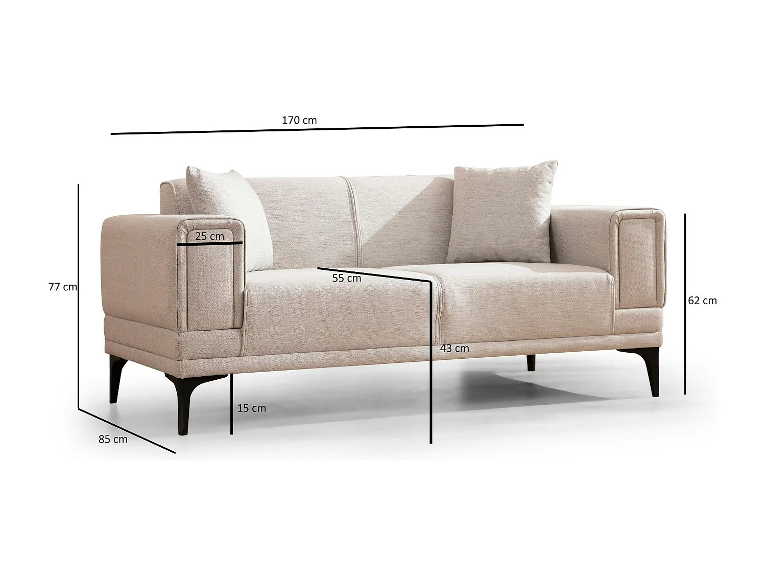 Canapé 2 places écru, accoudoirs matelassés 170 cm LUCCA