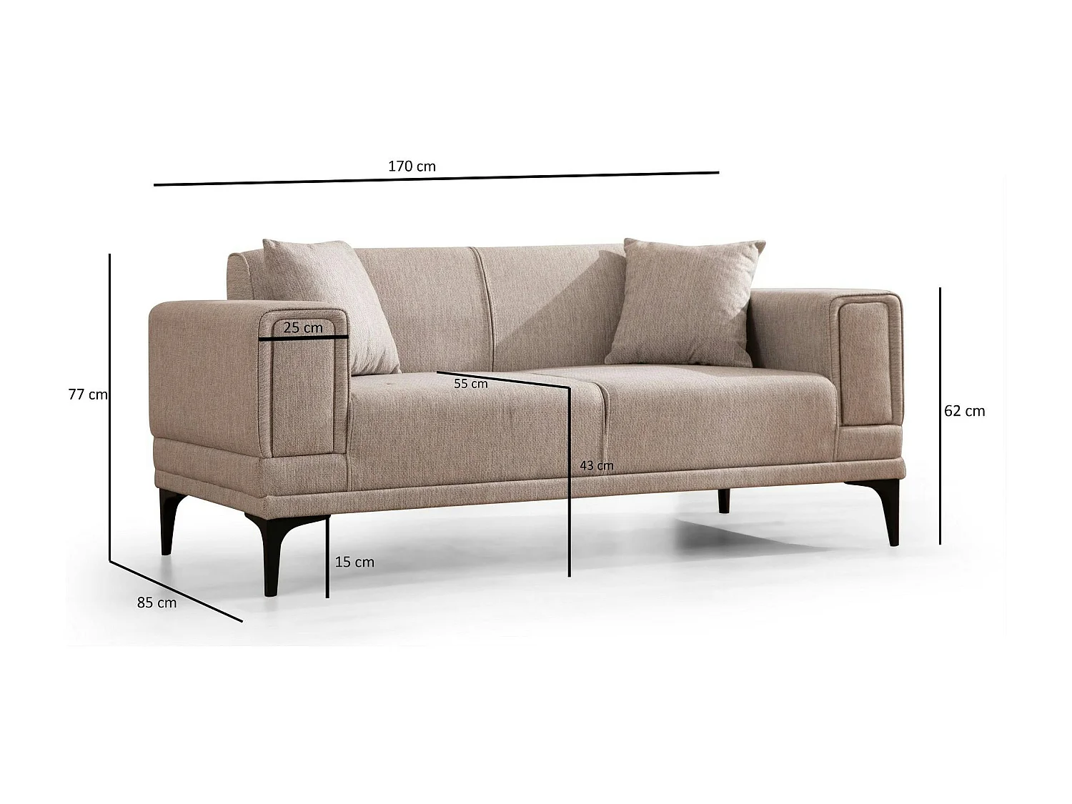 Canapé 2 places taupe, accoudoirs matelassés 170 cm LUCCA