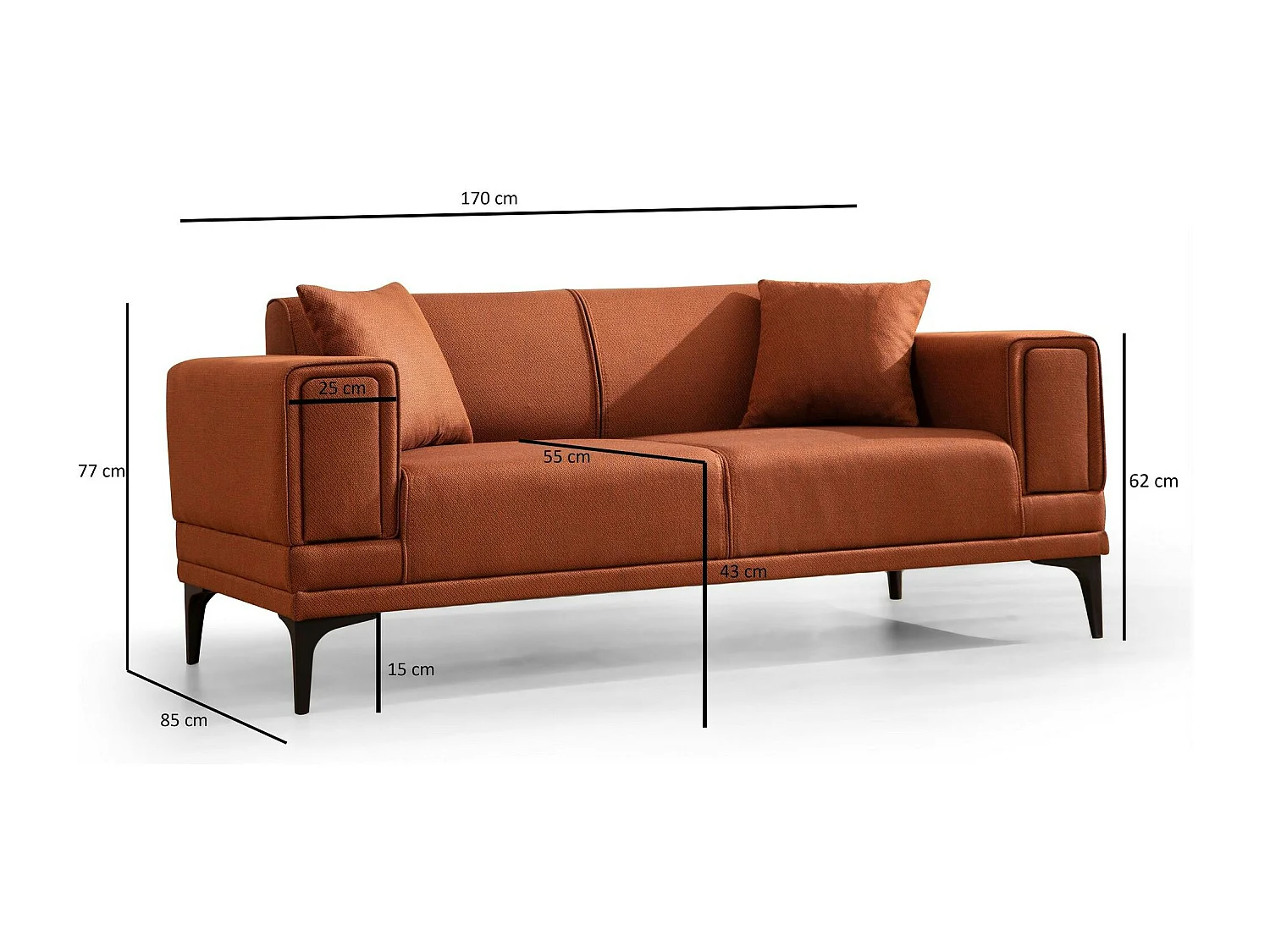 Canapé 2 places rouille, accoudoirs matelassés 170 cm LUCCA
