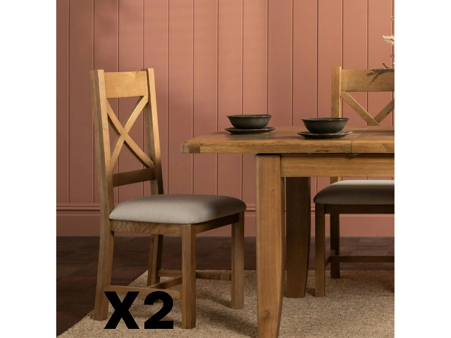 Chaise bois et tissu dossier en croix (lot de 2) VALMONT