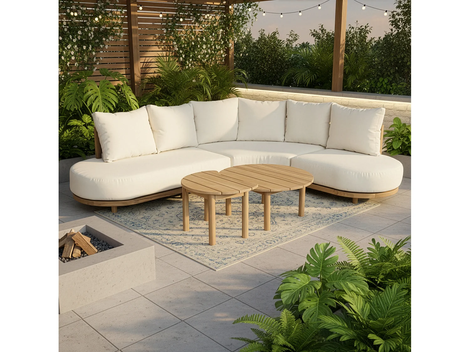 Salon de jardin 5 places en acacia et coussins beige LAGOA - HAPPY GARDEN