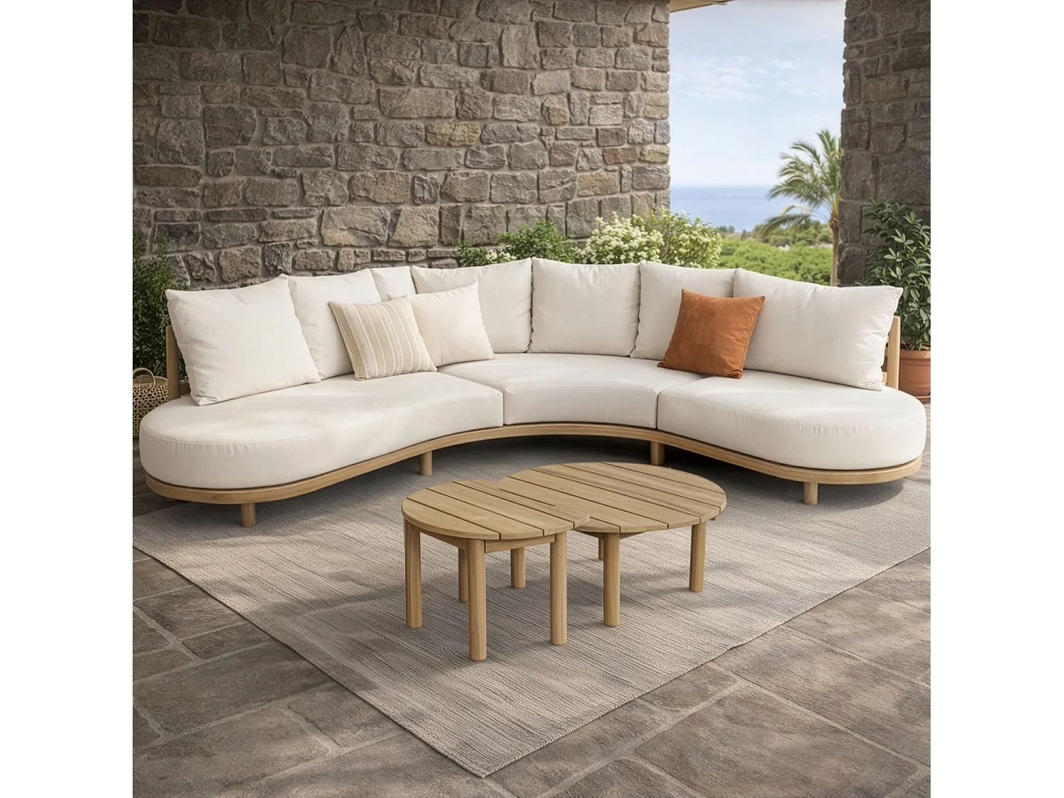 Salon de jardin 5 places en acacia et coussins beige LAGOA - HAPPY GARDEN