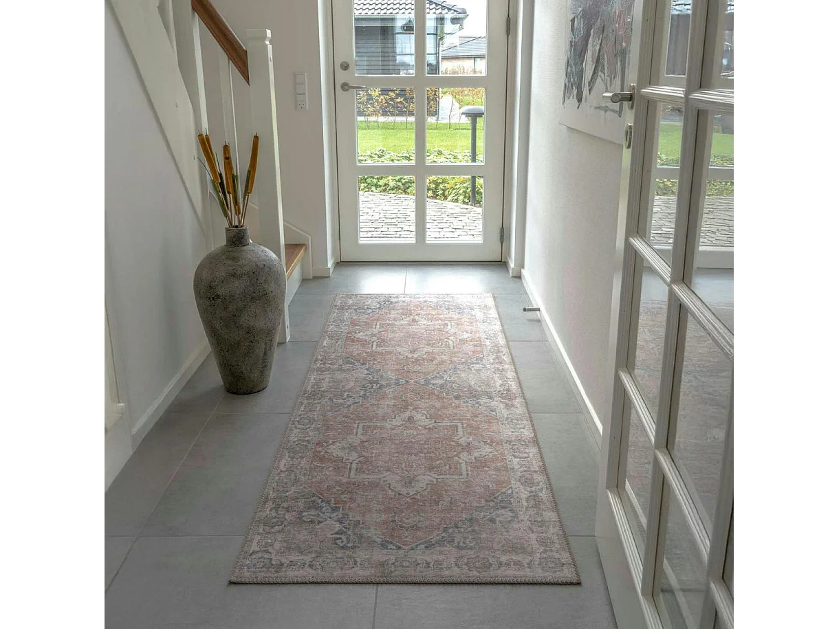 Tapis de couloir vintage tons orange et bleu FEZ