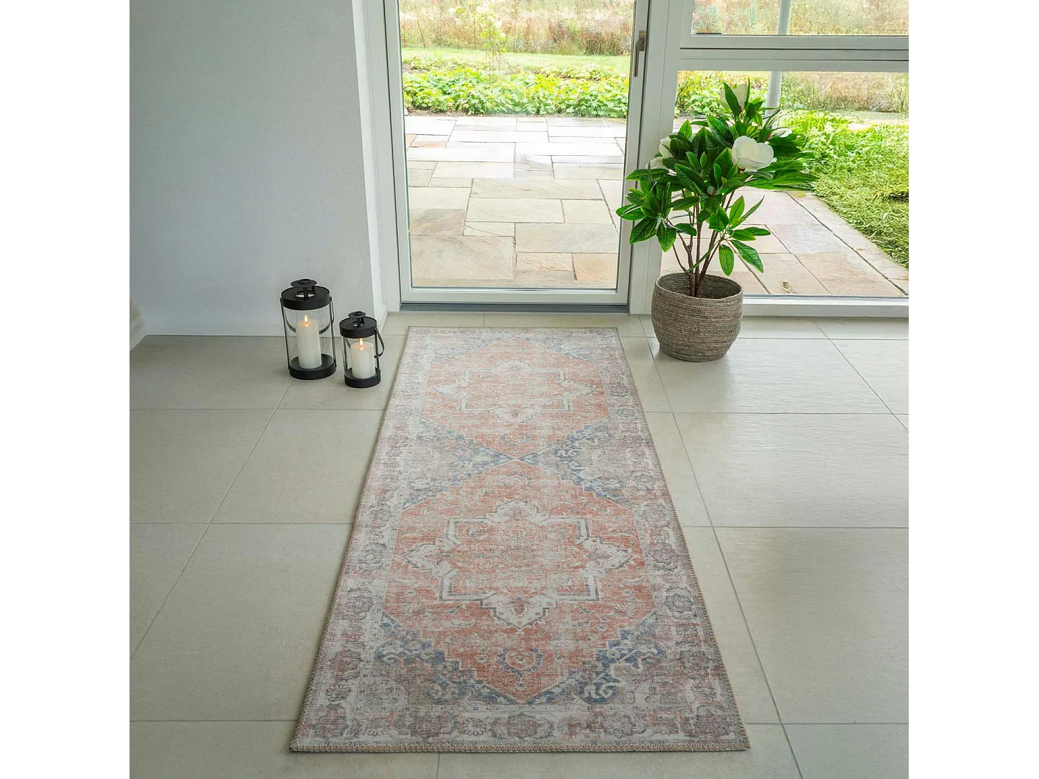 Tapis de couloir vintage tons orange et bleu FEZ