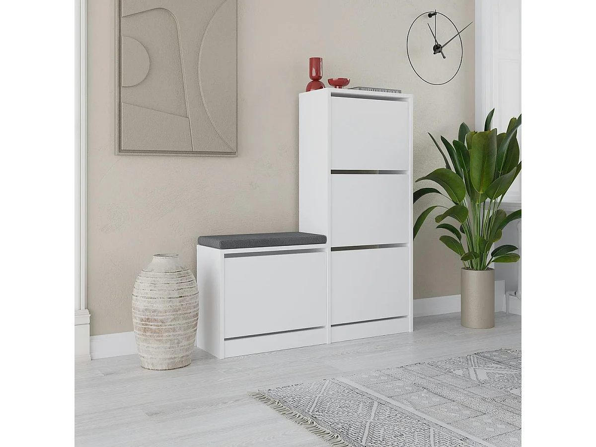 Meuble à chaussures blanc 4 portes et banc gris MARFA