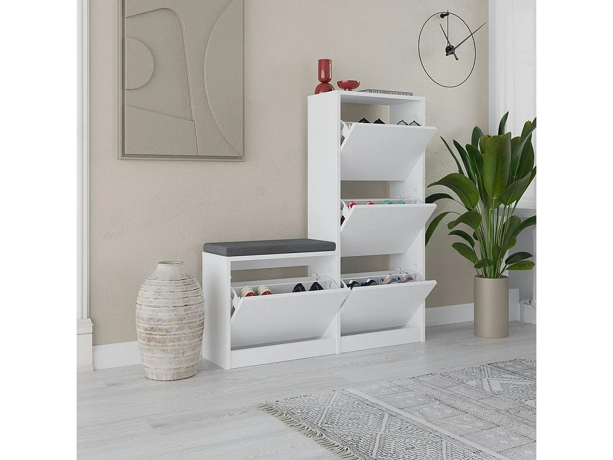 Meuble à chaussures blanc 4 portes et banc gris MARFA