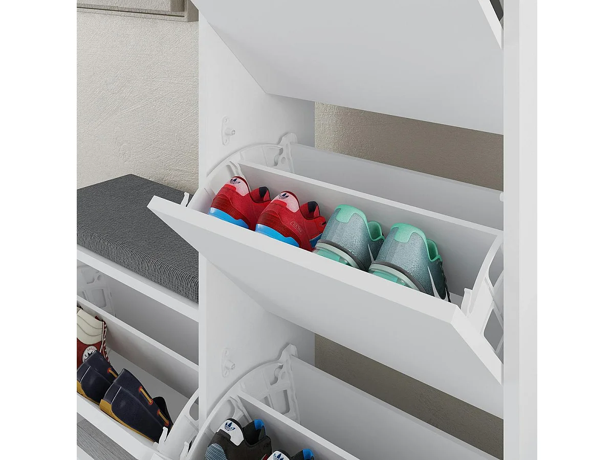 Meuble à chaussures blanc 4 portes et banc gris MARFA