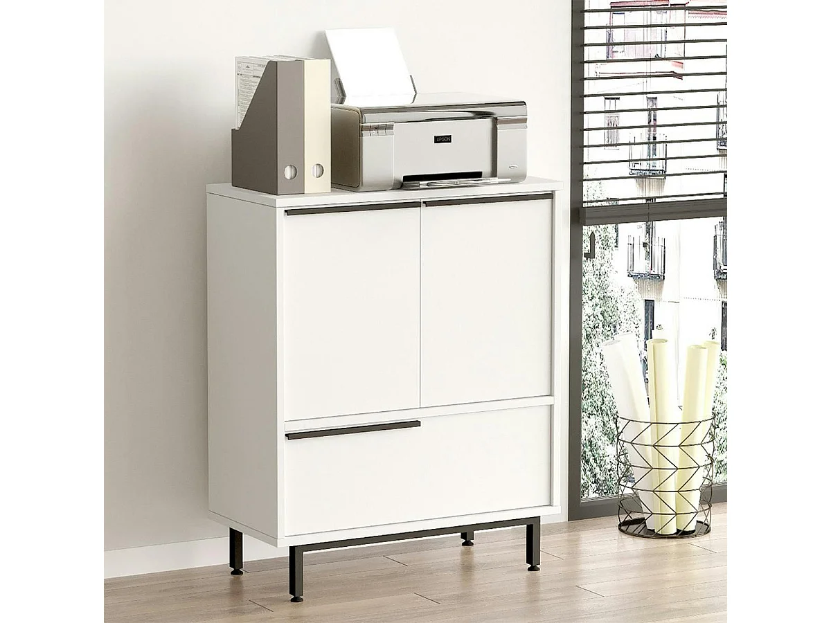Meuble rangement bureau blanc 3 portes poignées noires JENA