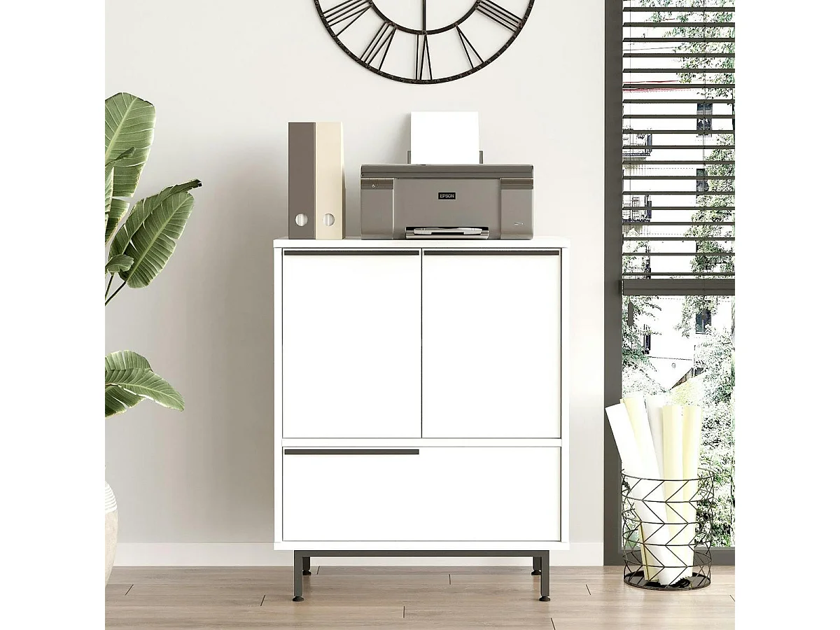Meuble rangement bureau blanc 3 portes poignées noires JENA