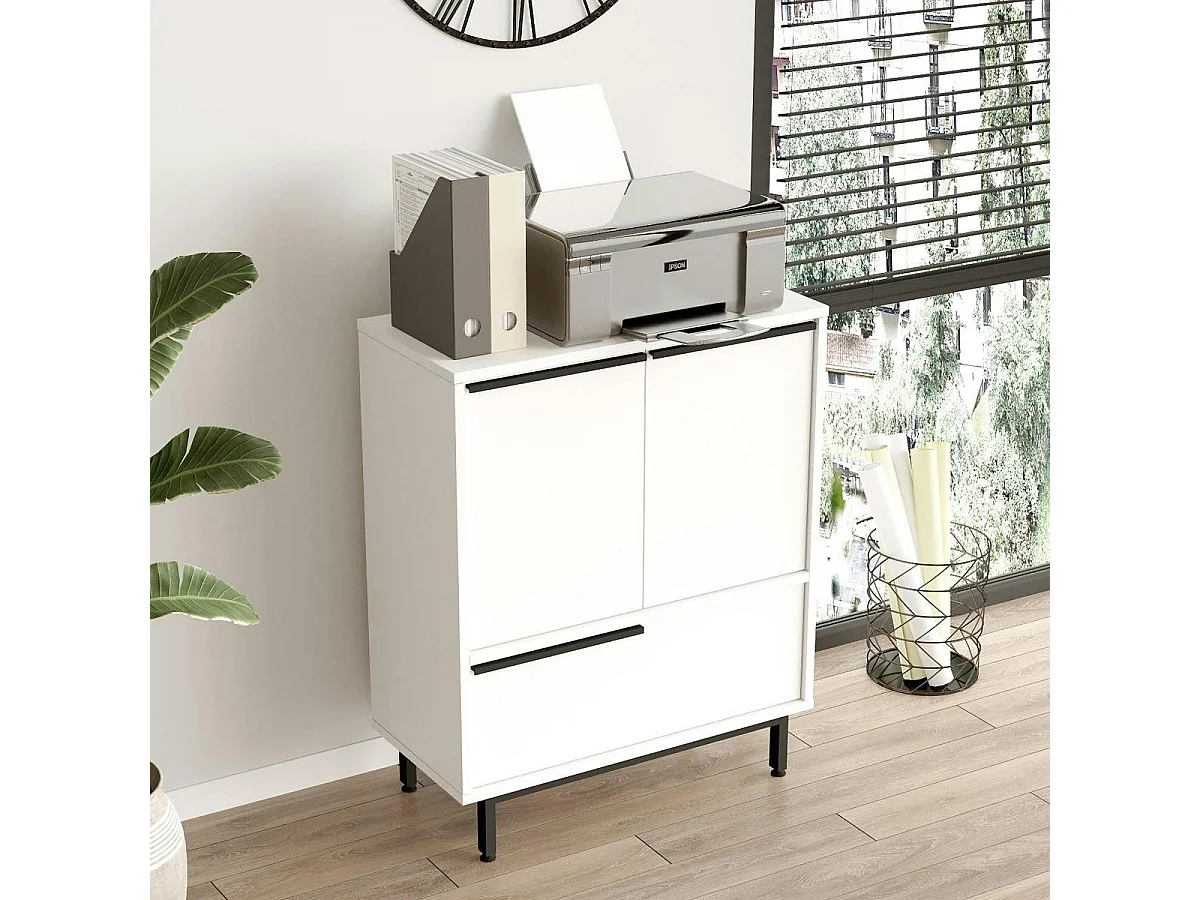 Meuble rangement bureau blanc 3 portes poignées noires JENA