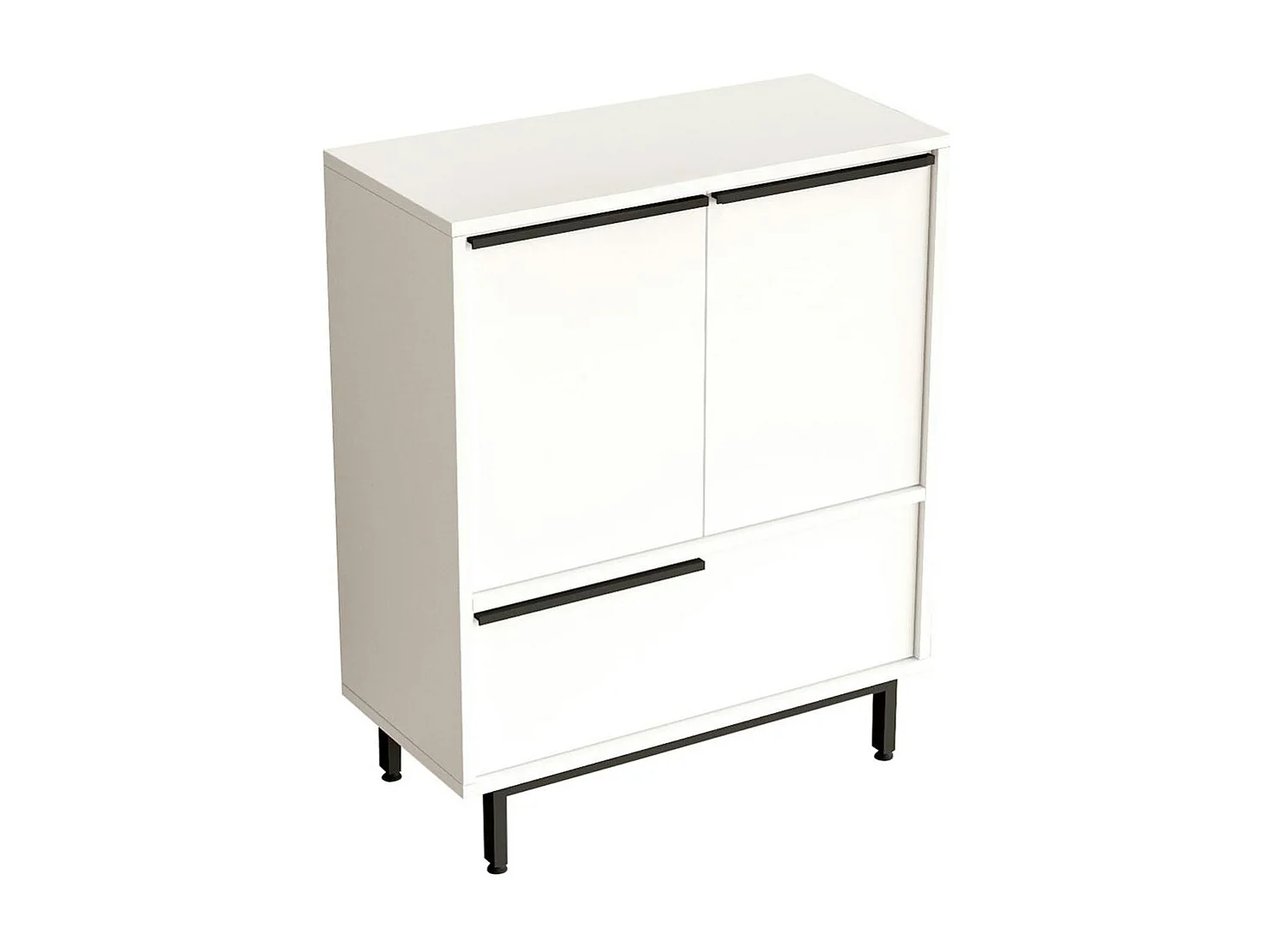 Meuble rangement bureau blanc 3 portes poignées noires JENA