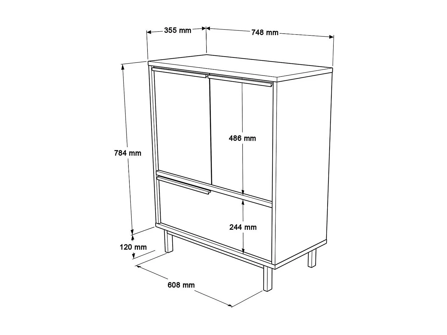 Meuble rangement bureau blanc 3 portes poignées noires JENA