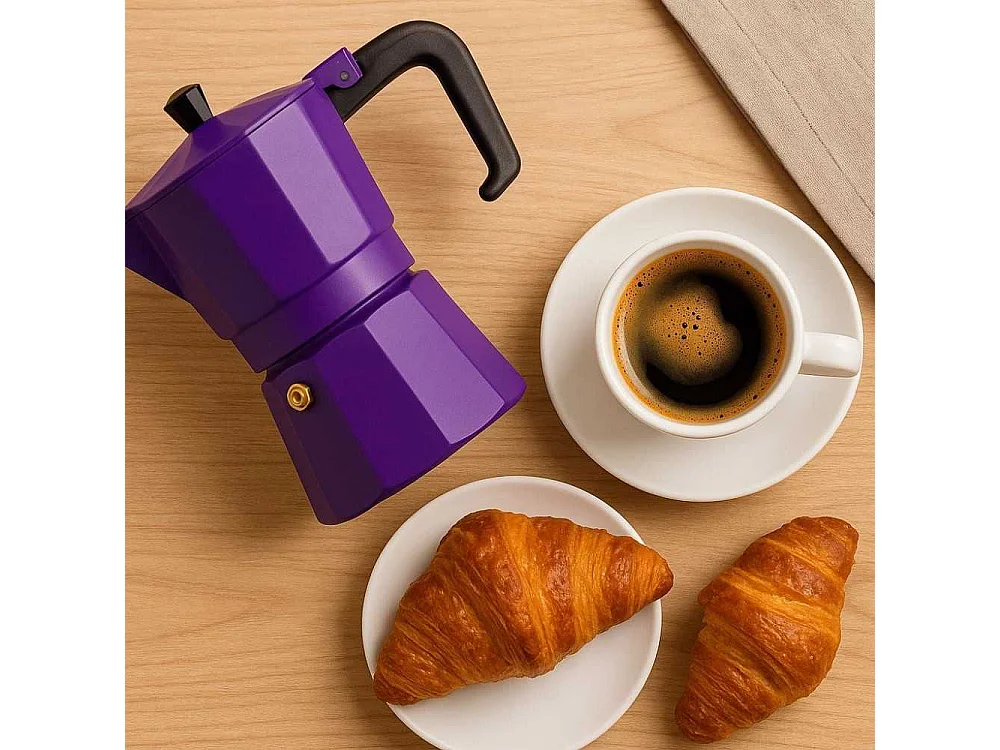 Italiaanse Cafetière PEZZETTI Italexpress 6 kopjes Aluminium Mat Paars, Klassiek Octogonaal Design