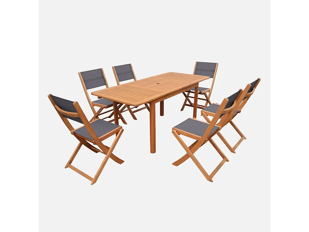 Table de jardin extensible bois d'eucalyptus + 6 assises 120/180cm anthracite - Arbo + Almeria