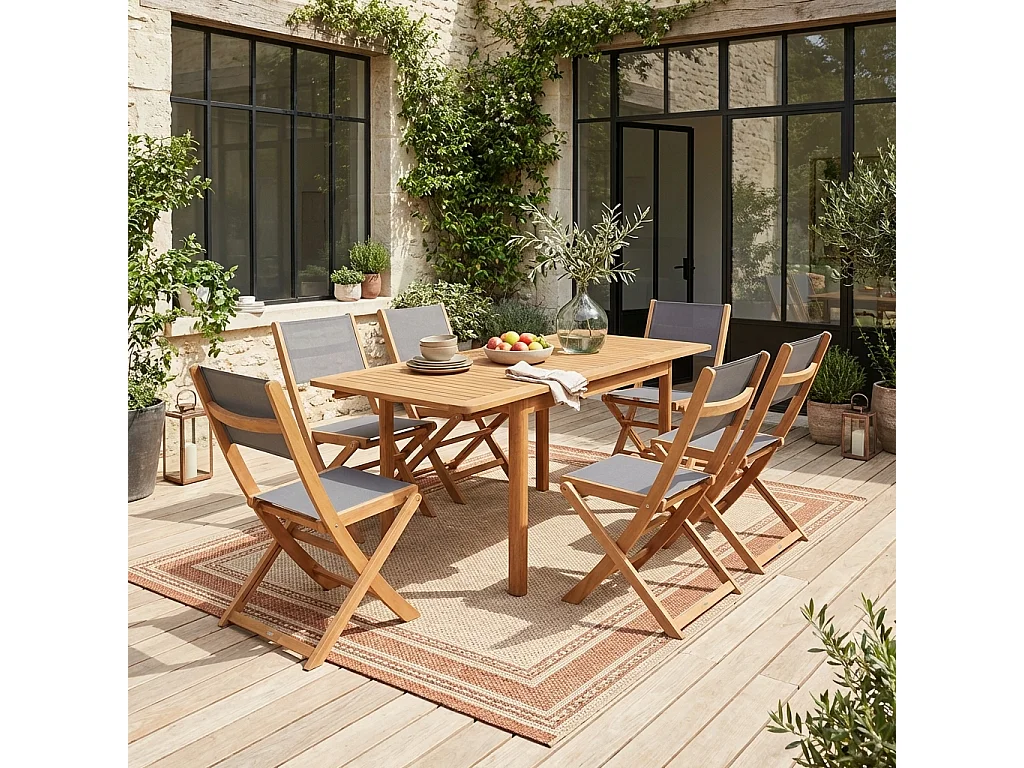 Table de jardin extensible bois d'eucalyptus + 6 assises 120/180cm anthracite - Arbo + Almeria