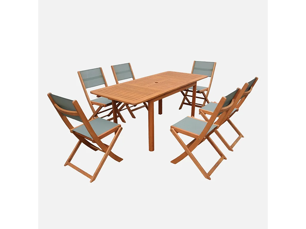 Table de jardin extensible bois d'eucalyptus + 6 assises 120/180cm kaki - Arbo + Almeria