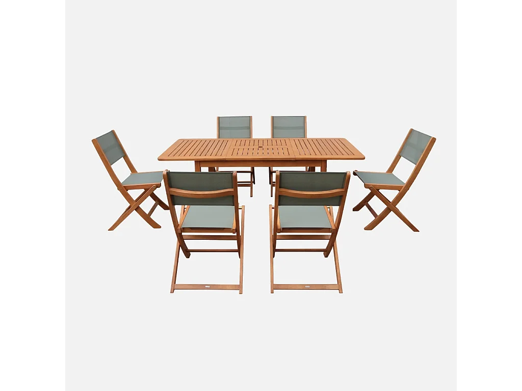 Table de jardin extensible bois d'eucalyptus + 6 assises 120/180cm kaki - Arbo + Almeria