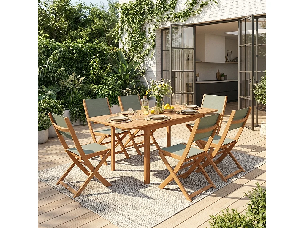 Table de jardin extensible bois d'eucalyptus + 6 assises 120/180cm kaki - Arbo + Almeria