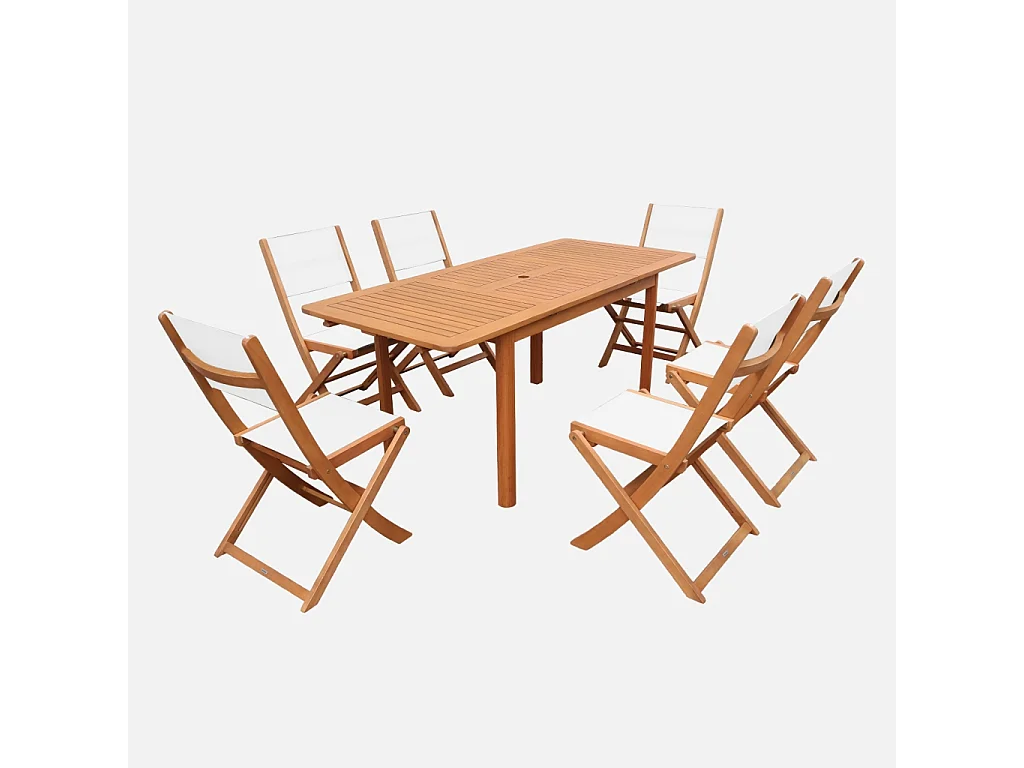 Table de jardin extensible bois d'eucalyptus + 6 assises 120/180cm blanc - Arbo + Almeria