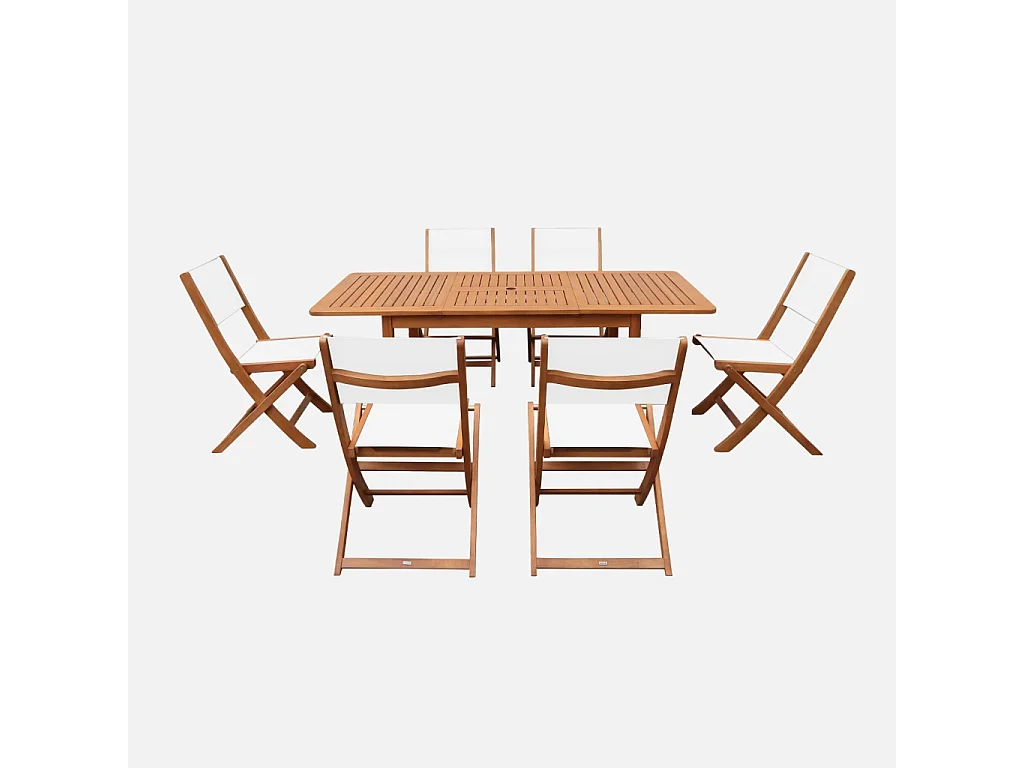 Table de jardin extensible bois d'eucalyptus + 6 assises 120/180cm blanc - Arbo + Almeria