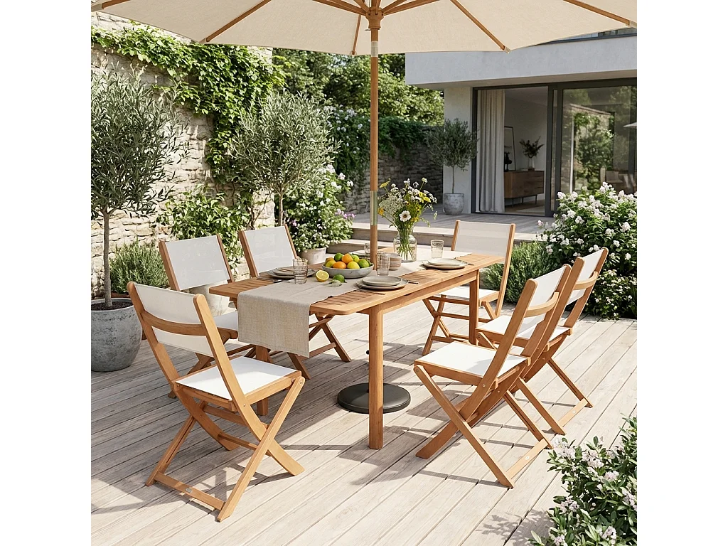 Table de jardin extensible bois d'eucalyptus + 6 assises 120/180cm blanc - Arbo + Almeria