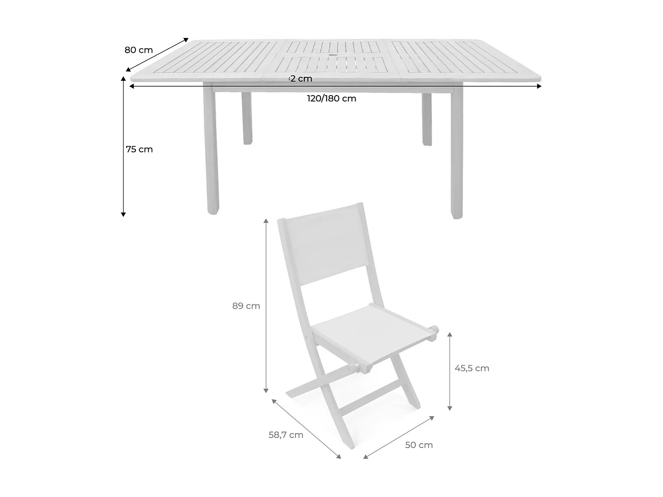 Table de jardin extensible bois d'eucalyptus + 6 assises 120/180cm blanc - Arbo + Almeria