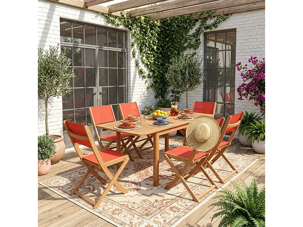 Table de jardin extensible bois d'eucalyptus + 6 assises 120/180cm terracotta - Arbo + Almeria