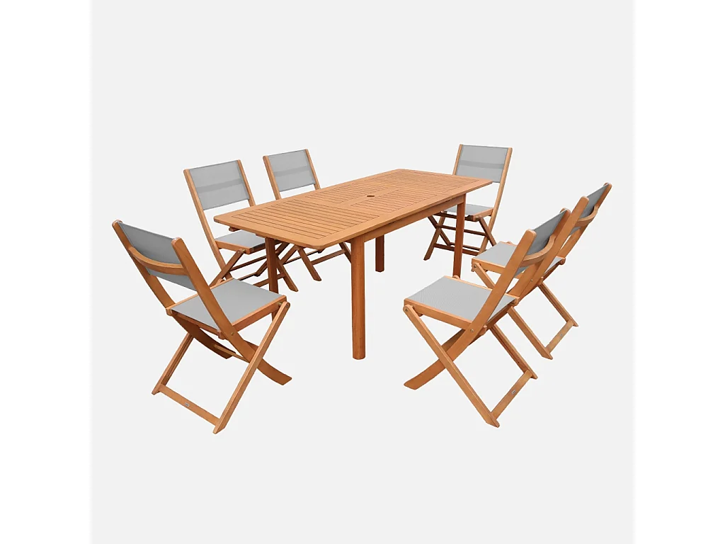 Table de jardin extensible bois d'eucalyptus + 6 assises 120/180cm gris - Arbo + Almeria