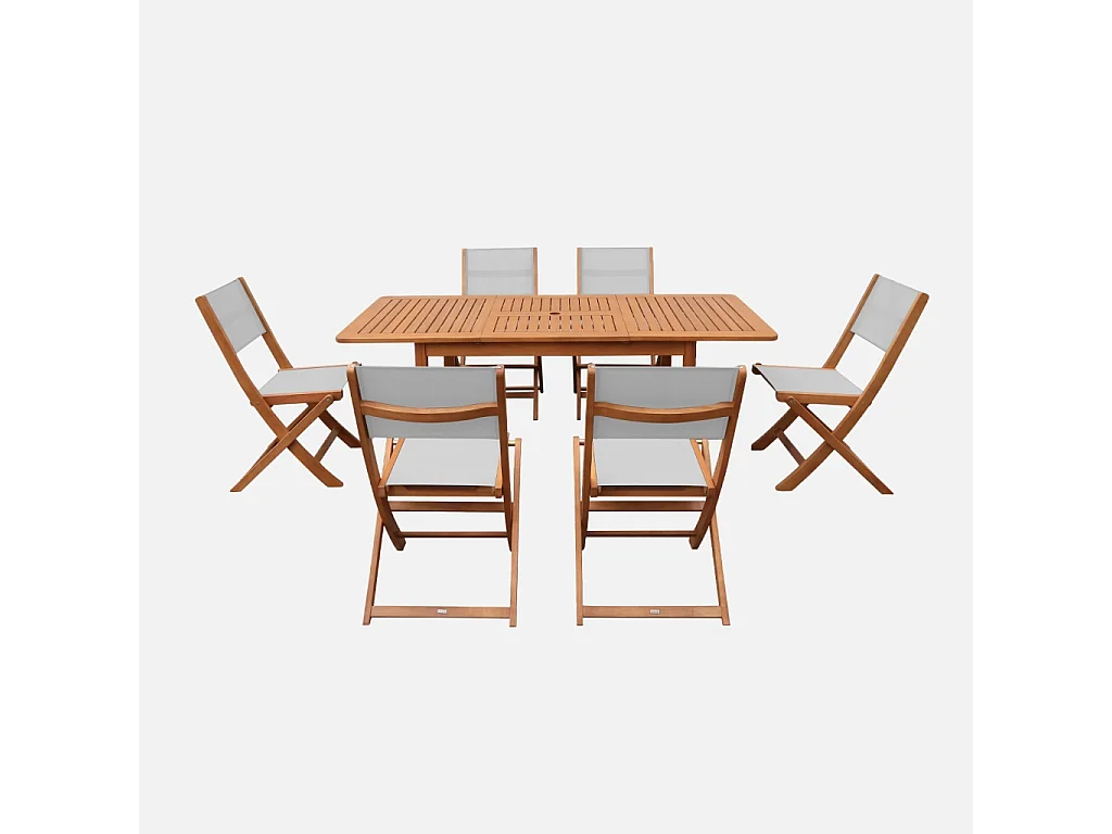 Table de jardin extensible bois d'eucalyptus + 6 assises 120/180cm gris - Arbo + Almeria