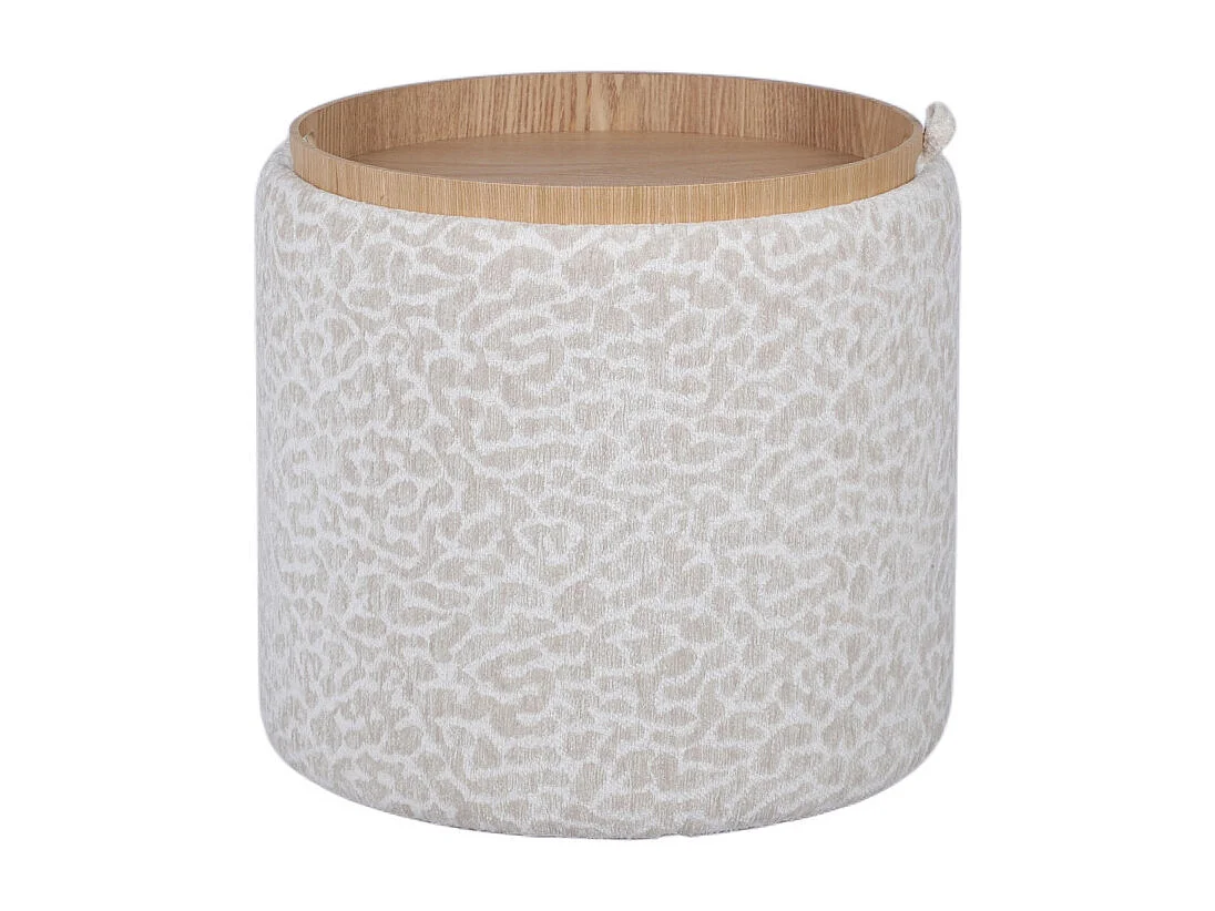 Zoé - Pouf avec rangement imprimé léopard convertible en table d'appoint ø40cm - Beige