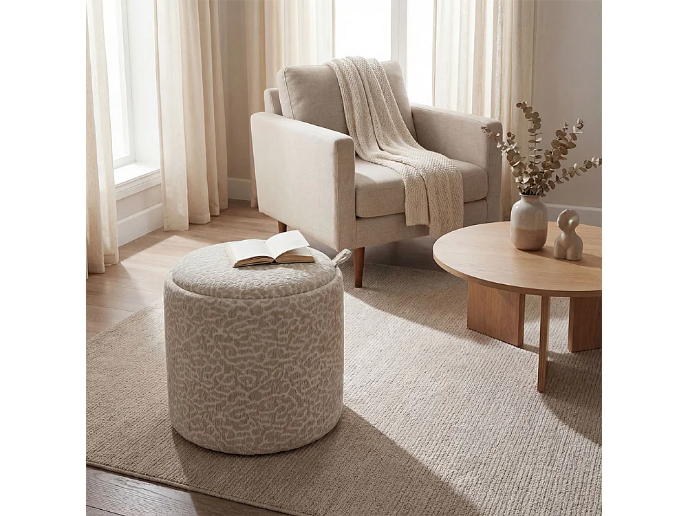 Zoé - Pouf avec rangement imprimé léopard convertible en table d'appoint ø40cm - Beige