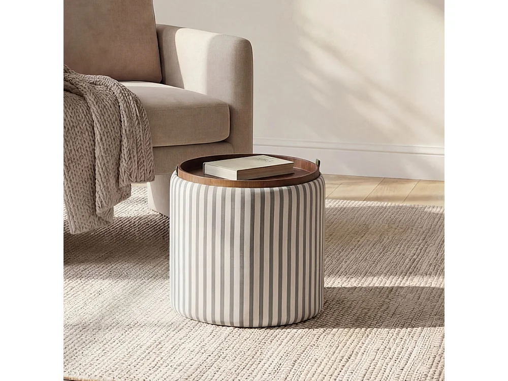 Zoé - Pouf avec rangement à rayures convertible en table d'appoint ø40cm - Vert