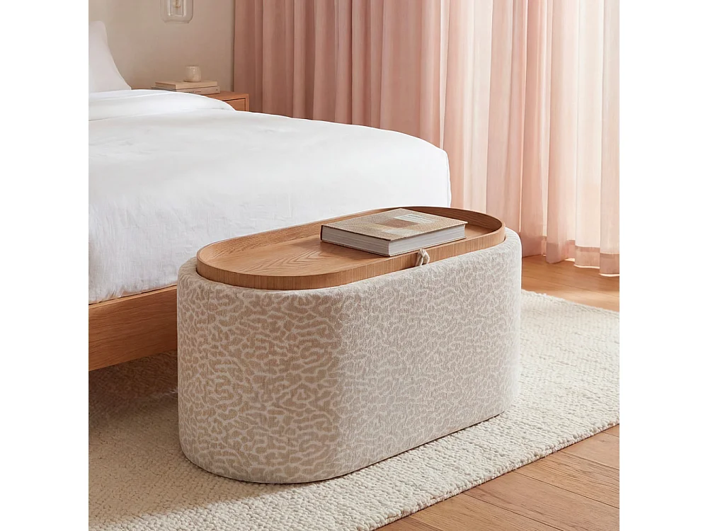 Zoé - Banc coffre imprimé léopard convertible en table basse L77cm - Beige