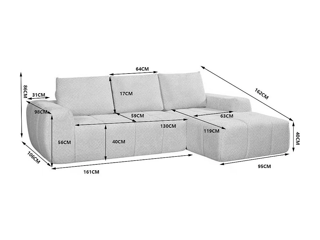 Louis - Canapé d'angle droit compressé 3,5 places en tissu - Beige
