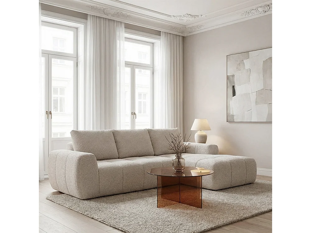 Louis - Canapé d'angle droit compressé 3,5 places en tissu - Beige
