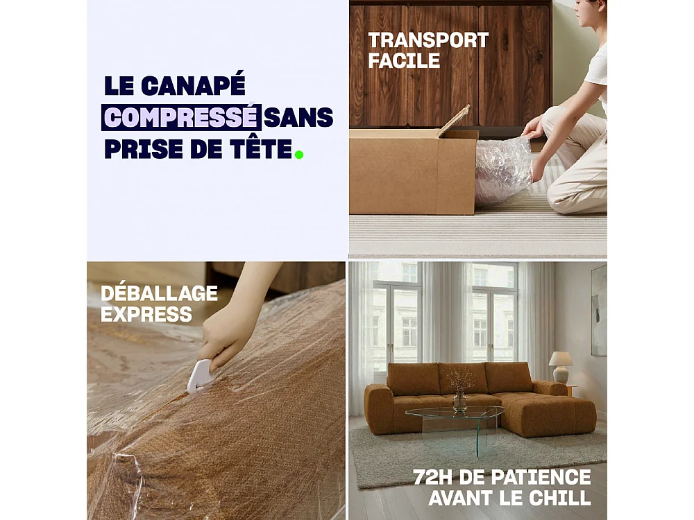 Canapé d'angle droit 5 places en tissu vert LOUIS