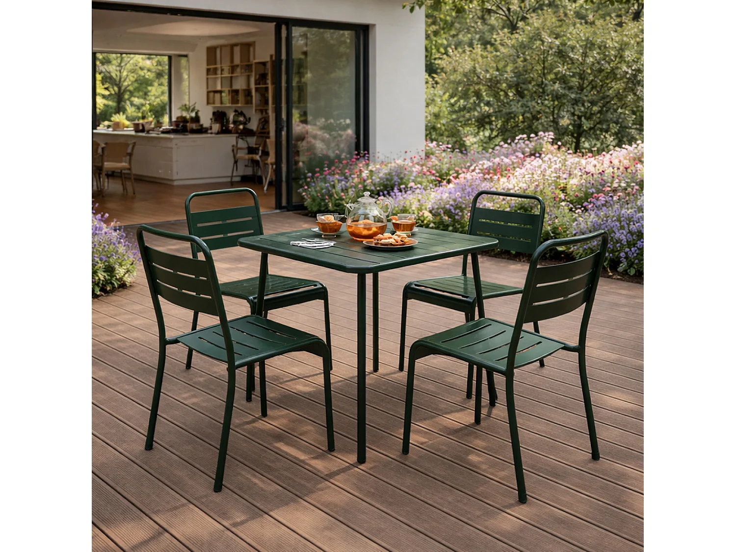 Ensemble table de jardin carrée 70cm et 4 chaises vert BERGAME